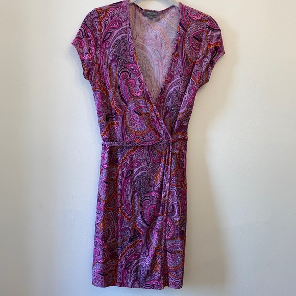 Pink and Purple Paisley Wrap Style Dress with snap closure 4Petite - Picture 1 of 8